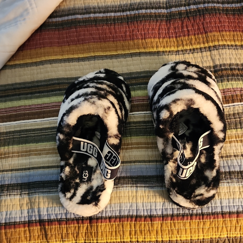 UGG Black and White Fuzzy Slippers